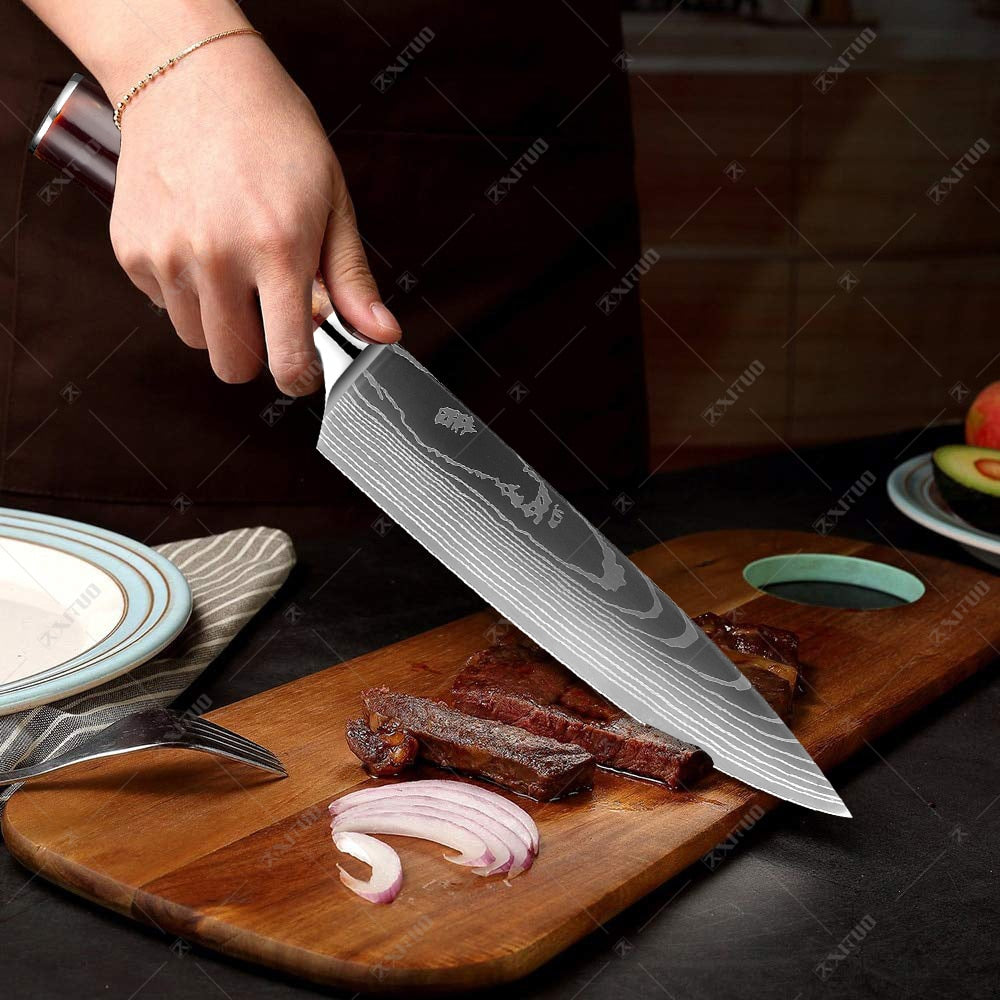 Knife Kitchen Damascus Laser Pattern Meat Cleaver Chinese Chef Chopping  Slicing Knife 40CR13 Stainless Steel Vegetable Cutter