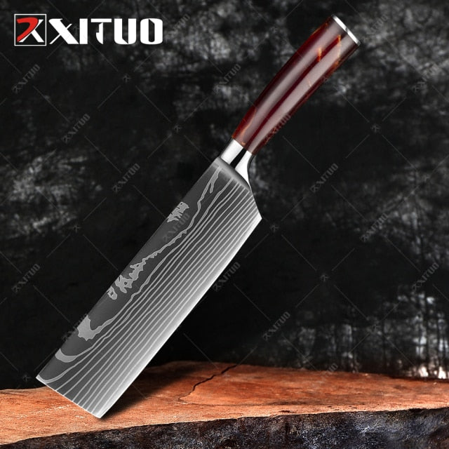 Damascus Pattern Kitchen Knife Set, Laser Pattern Slicing Knife, Bone Cutting  Knife, Stainless Steel Knives, Household Knife Set, Kitchen Gadgets,  Cheapest Items - Temu