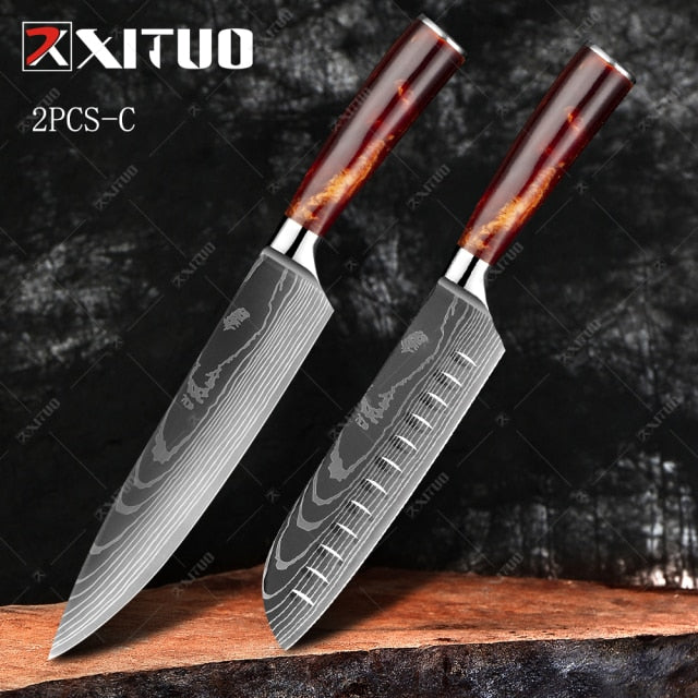 9PCS/set Japanese Kitchen Knives Laser Damascus Pattern Chef Knife Japanese  Chef Knife Sharp Santoku Knife Set Santoku Knife Cleaver Slicing Utility