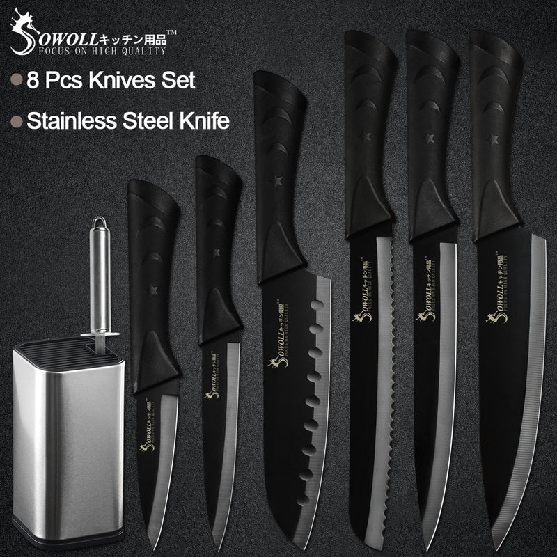 SOWOLL High Quality 6 Pcs Stainless Steel Knife Kitchen Knife Set Tools  Paring Utility Santoku Slicing Bread Chef Cooking Knife